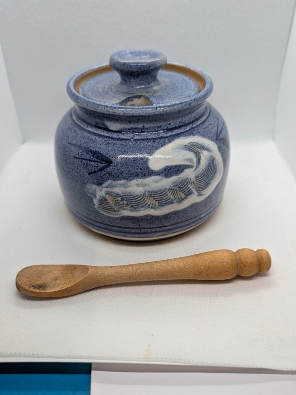 Vintage Signed stoneware pottery sugar bowl/Wooden Spoon Blue white wave Swirl